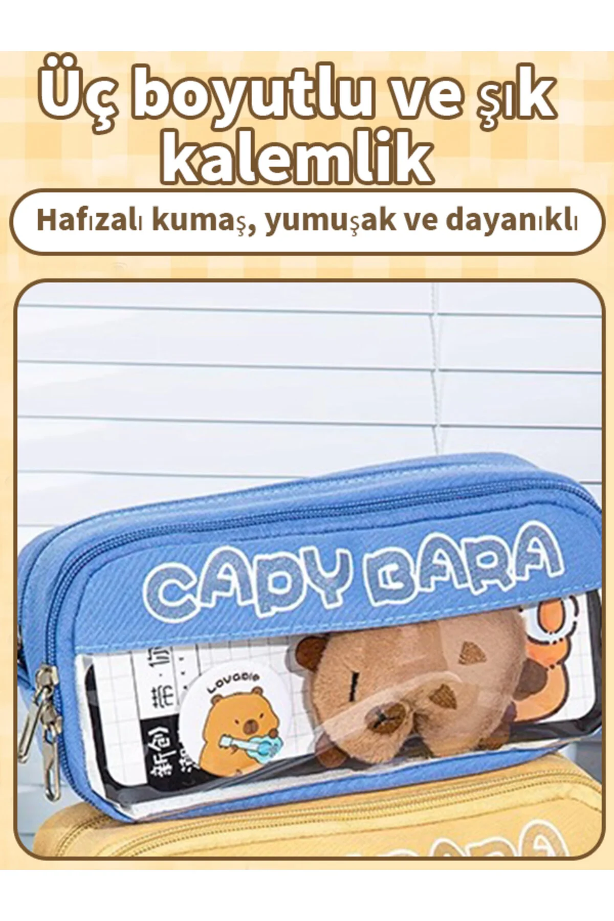 Capy Bara-40 Kalem Kapasiteli Çift Katlı Kalemlik Rastgele Broş & Oyuncak Mavi