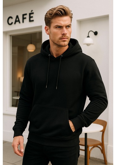 Rich Erkek Siyah Pamuklu Cep Detaylı Kapüşonlu Sweatshirt Siyah