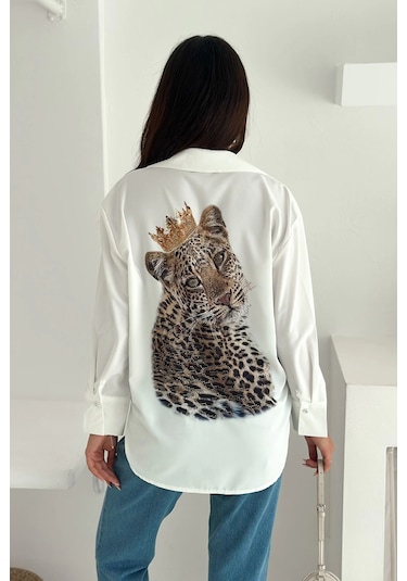 Asprin Fashion Kral Aslan Desen Baskılı Taşlı Gömlek Beyaz