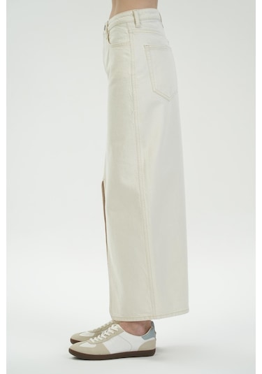 Ekru Yüksek Bel Yırtmaçlı Maxi Jean Etek C 4532-058 Ekru
