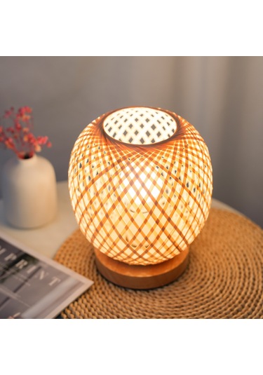 Neoglint Kahverengi Başucu Lambası Yatak Odası Rahat Bambu Dokuma Lamba Diğer