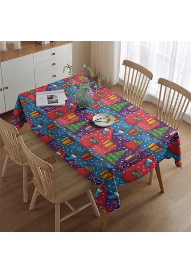 Noel Desenli Dikdörtgen Masa Örtüsü 60x84 İnç, Su Geçirmez Ve Leke Tutmaz Noel Hediye Ağacı