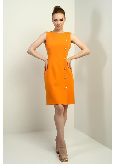 Kadın Kendinden Telalı Yan Düğmeli Kısa Elbise-40641 Oranj