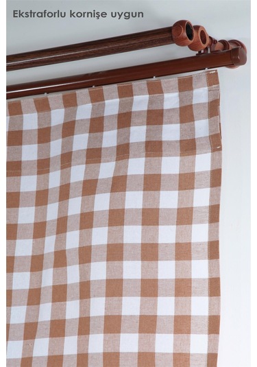 Naturel Potlu Ekose Tül Perde Retro Kahve Rengi