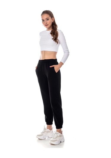 Kadın Ekru Renk Elastik Paça Örme Jogger Eşofman Altı Cy84200 Siyah