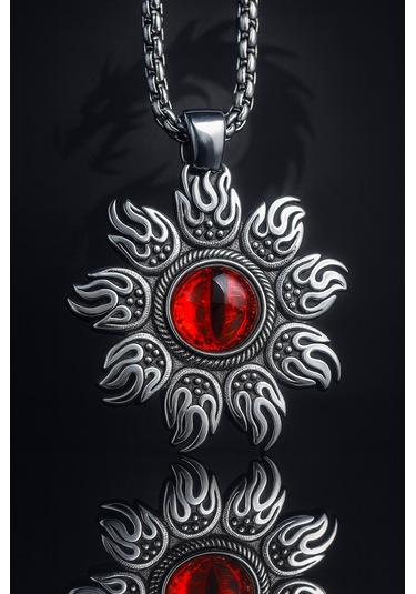 Kırmızı Cam Taşlı Paslanmaz Çelik Alev Desenli Güneş Kolye Kırmızı