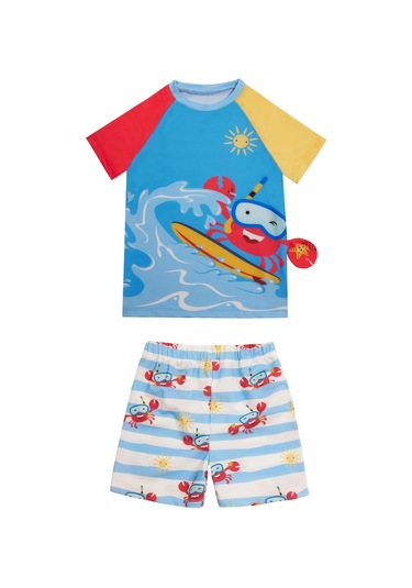 Uv Korumalı Şort Kısa Kollu Çocuk Bebek Deniz Havuz Mayosu 5239 Yengeç Mavi Mavi