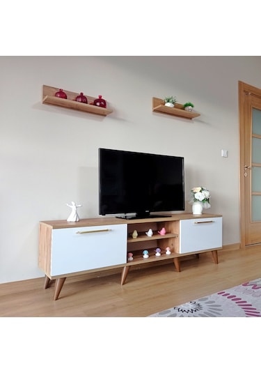 Mobilya Sepeti Ms 85 Mdf Tv Ünitesi Dolabı Raflı Ceviz Beyaz