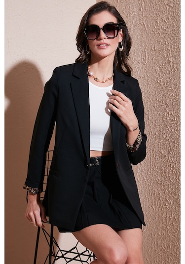 Lela Standart Fit Mono Yaka Desenli Astar Detaylı Blazer Bayan Ceket 6524003 Siyah