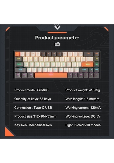 Carrier 68 Tuşlu Mekanik Klavye - Rgb Aydınlatma, 10 Işık Modu,