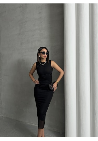 Kadın Tüllü Kolsuz Elbise Siyah