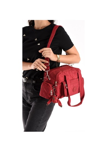 Omuz Çantası Çok Cepli Hafif Klinkır Kumaş 30 20 Cm Çapraz Askılı Postacı Çanta Kol Çantası Bordo