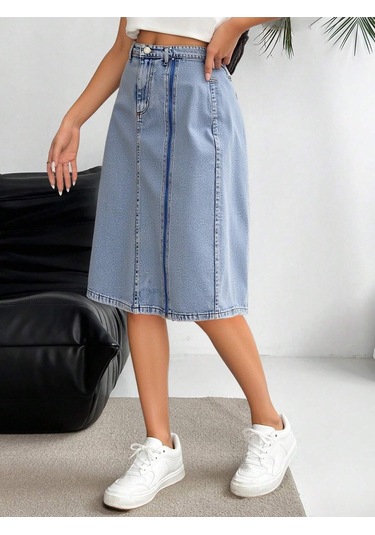 Shevega Kadın Taş Yikama Ön Fermuar Detayli Kot Etek Mavi