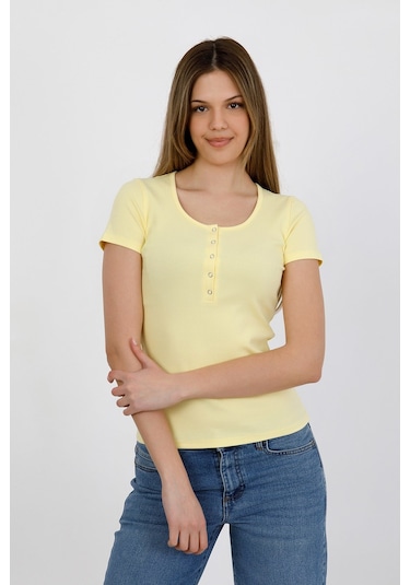 Hdm Kadın Esnek Fitilli Yakası Çıtçıtlı Sarı Kısa Kol Basic Örme Bluz - H5993