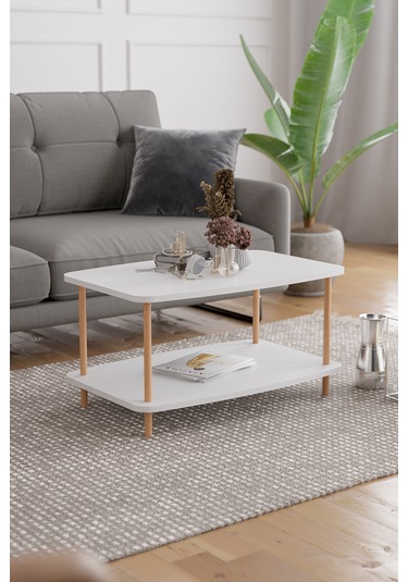 Orta Sehpa Ahşap Ayaklı Sehpa İki Raflı Sehpa-beyaz