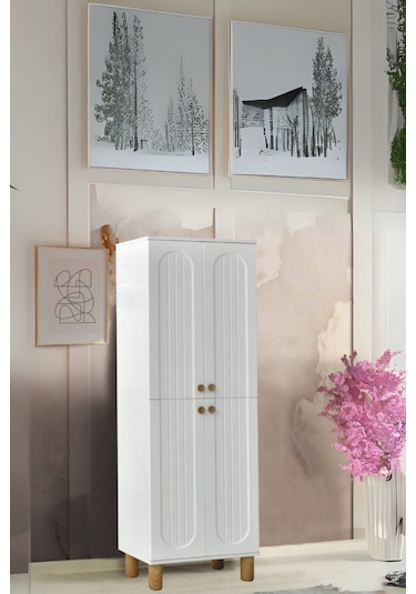 Lidya Portmanto Dolabı Beyaz Raflı 2 Kapaklı Ayakkabılık Dolap 60x37x195 cm