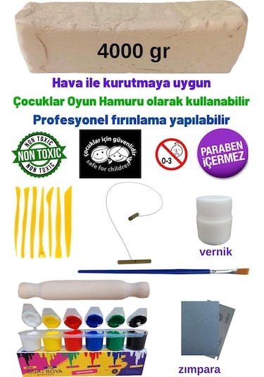 Seramik Hamuru 4000 Gr, 7li Plastik Ebeşuar Modelaj Seti , Kesme Teli-ipi, Guaj, Doğal Kil Çamuru