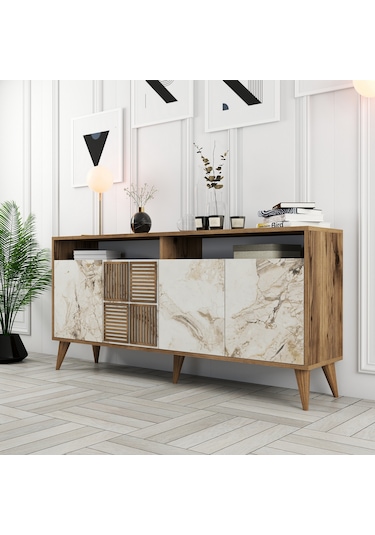 Milan 160cm Konsol - Ceviz / Beyaz Mermer
