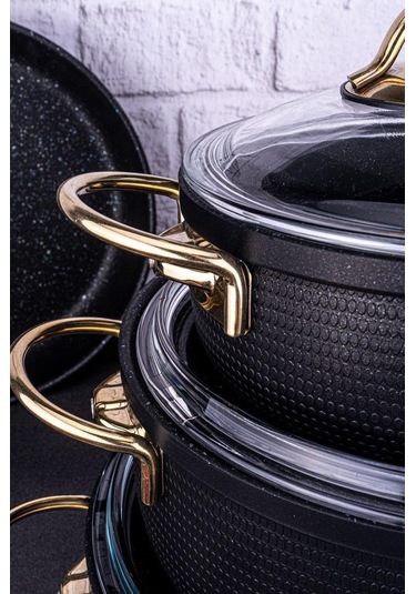 Bambum Node - 8 Parça Tencere Seti Siyah Siyah - Altın