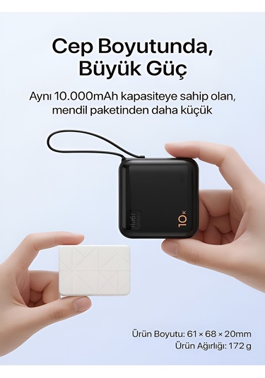 10000mah Dijital Göstergeli Type-c Kablolu/girişli 20w Hızlı Şarjlı Powerbank - Siyah siyah
