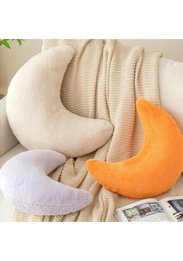 Trendooze 30x25cm Pembe Tüylü Ay Yastığı, Yumuşak Dekoratif Minder Pembe