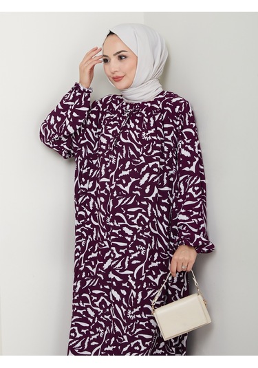 Desenli Önü Büzgülü Viskon Elbise - Mor / E0131 Mor
