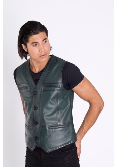 Spor Yeşil Deri Yelek-Yeşil