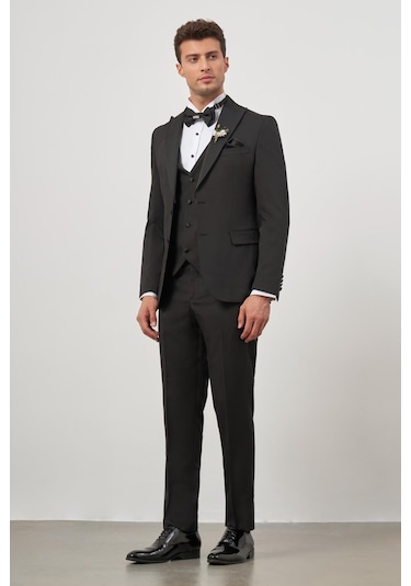 İmza Siyah Yelekli 6 Drop Slim Fit Ceremony Takım Elbise 1001240205 Siyah