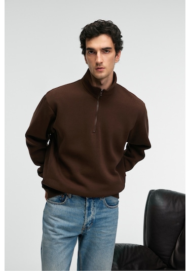BAXTER Erkek Dik Yakalı Fermuarlı Relaxed Kahverengi Sweatshirt