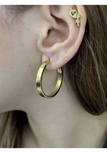 Zirkon Taşlı, Tiff Model, Halka Model, Paslanmaz Çelik Küpe 440, Altın Renk Altın