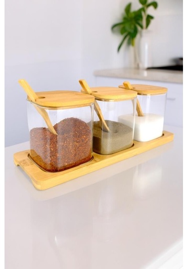 Digithome 3 Lü Borosilikat İnce Cam Ve Ahşap Standlı Baharatlık Kavanoz Takımı Seti Kahverengi F/3 C1-1-289