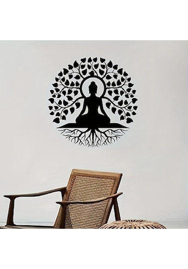 Homyl Buda Ağacı Metal Duvar Sanat Siyah Din Dekoru Zen Dekor 40-cm