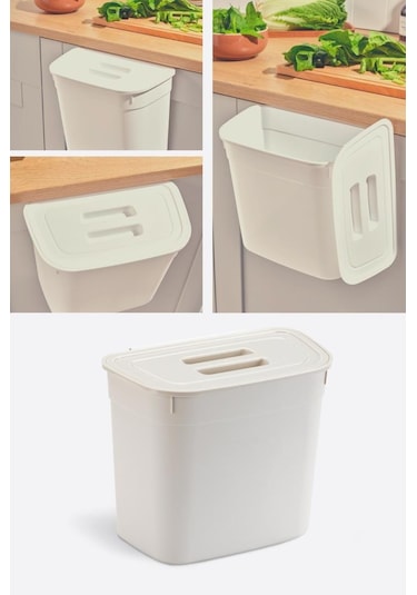 Flosoft Dolap İçi Kapaklı Asılabilir Çöp Kovası, Dolap Kapağı Askılı Çöp Kutusu Krem 7 Litre Krem