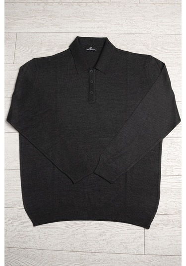 Woolen World Polo Yaka Battal Büyük Boy Yünlü Triko Kazak Antrasit