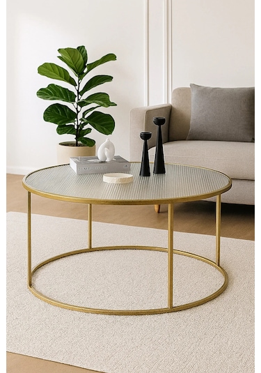 Berlin Nervürlü Camlı Gold 80cm - Metal Çerçeveli Cam Yuvarlak Orta Sehpa - Modern Ve Şık Tasarım Gold