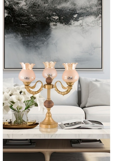 Üçlü Şamdan Masa Lambası Abajur Eskitme Bal Rengi Camlı Eskitme