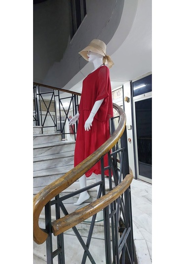 İtalyan Müslin Keteni Üstü File Bluzlu Astarlı Tek Parça Elbise Kırmızı