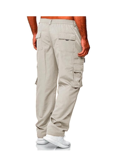 Erkek İlkbahar Ve Sonbahar Düz Paça Düz Renk Kargo Pantolon Günlük Çok Cepli Uzun Pantolon Bol Kesim Açık Hava Fitness Pantolonu Haki