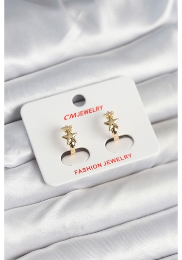 Pirinç Gold Renk Yıldız Kadın Küpe Çok Renkli