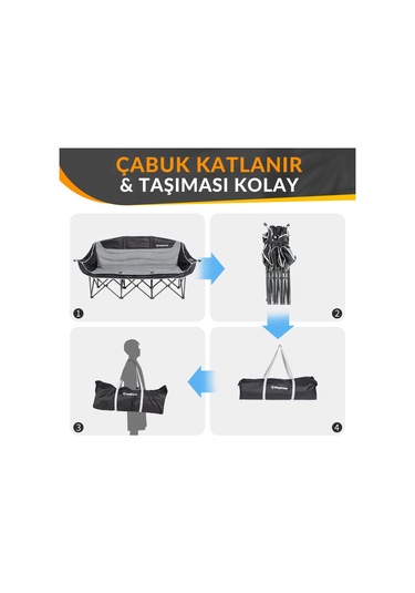 Kingcamp Canna Ultra Konforlu Üç Kişilik Katlanır Kamp Sandalyesi B.grey Gri - Siyah
