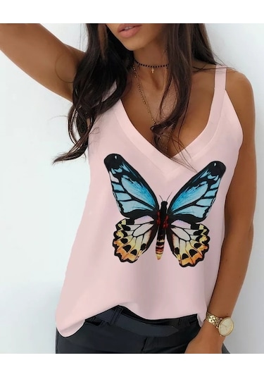 Kadın Kelebek Baskılı Sandy Kumaş Askılı Bluz Pudra