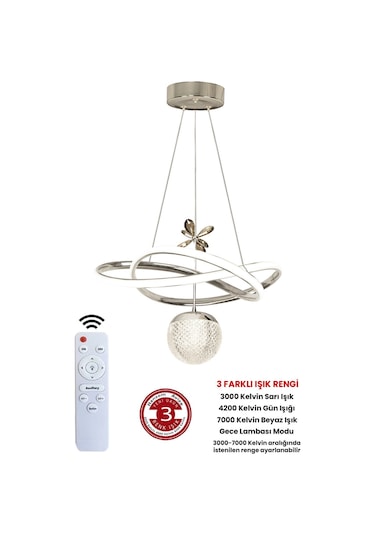 Ransom 3 Renk Toplu Kumandalı Krom Gümüş Dimmerli Led Avize Büyük Yıldız Ledli Avize Gri