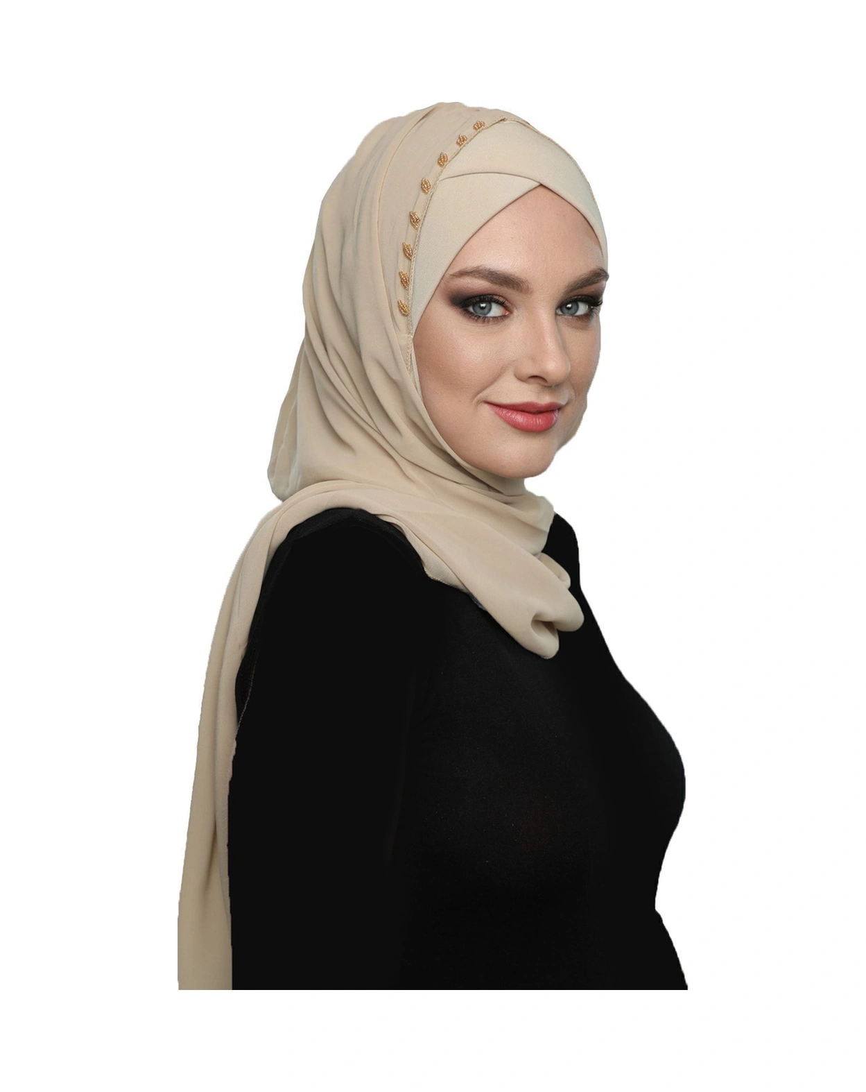 Şallı Takmatik Taşlı Bej Hazır Türban Tesettür Bone Namaz Örtüsü Bej