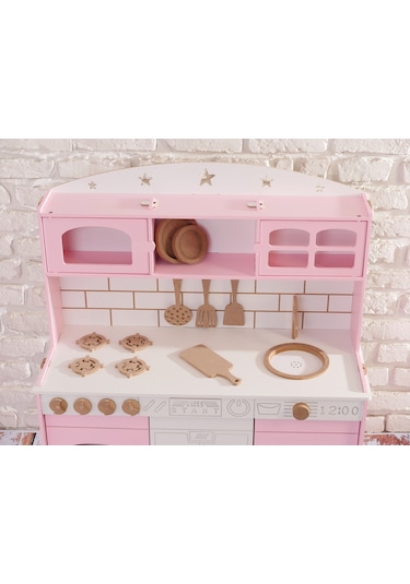 Boyalı Pembe Ahşap Oyuncak Bulaşık Makine Detaylı Mutfak Tabak Ve Spatula Seti Hediye