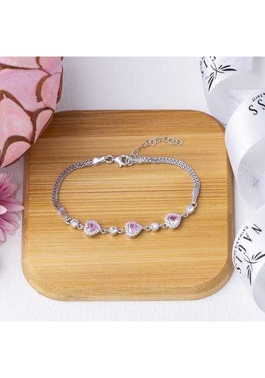 Kalp Model-2 Pembe Zirkon Taşlı 925 Ayar Gümüş Kadın Bileklik Gümüş