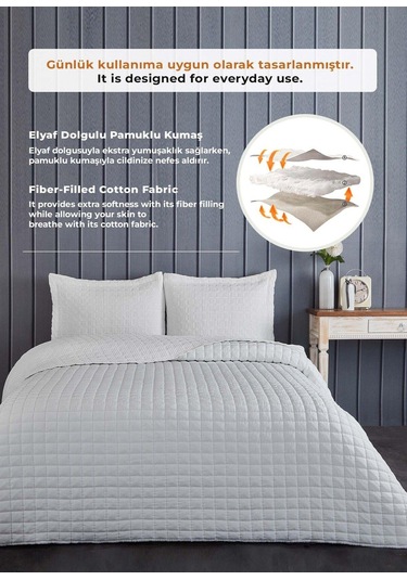 Evlen Home Joy Pamuklu Yatak Örtüsü Seti Çift Kişilik 3 Parça Elyaf Dolgulu Yumuşak Günlük Yıkanabilir Beyaz