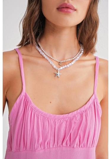 4742 Kadın İp Askılı Büzgü Detaylı Midi Elbise Pembe Pembe