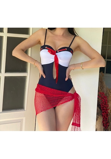 Kuşgözü Detaylı Mayo Pareo Takım Lacivert