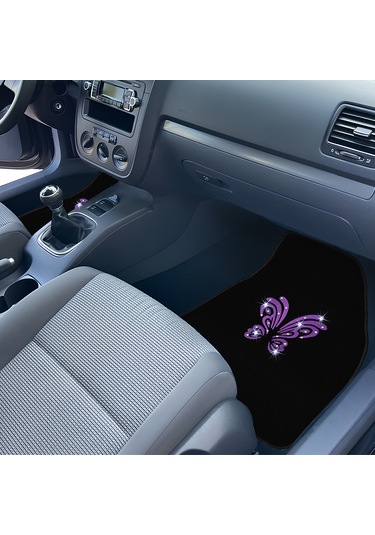 Kadın Sürücülere Özel: Mor Kelebek Zarafeti & Taşlı Siyah Oto Halı Paspas Seti 5 Parça Nakışlı