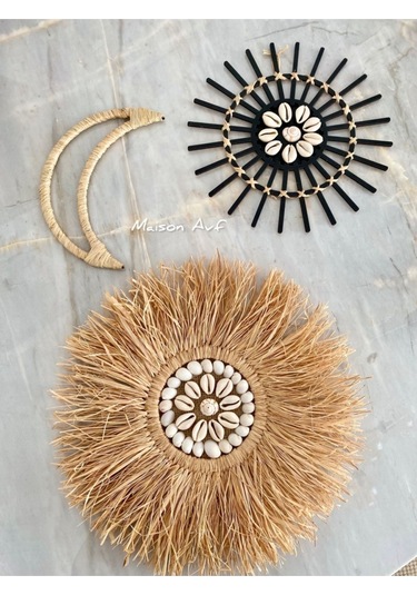 3'lü Set Rafya Deniz Kabuklu Model & Siyah Rattan Çubuk Deniz Kabuklu & Rafya Ay M091